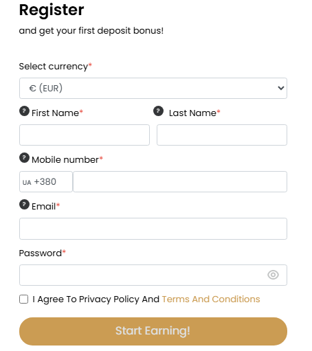 Golden Pharaoh casino registration form