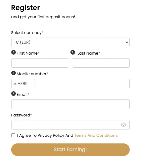 Golden Pharaoh casino registration form